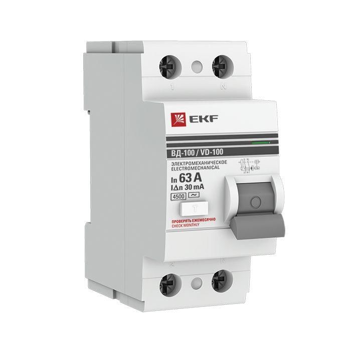 Выключатель дифференциального тока (УЗО) 2п 63 А 30мА тип AC ВД-100 (электромех.) PROxima EKF elcb-2-63-30-em-pro