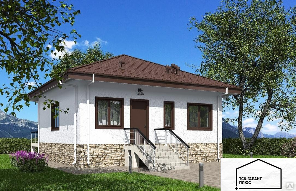 Одноэтажный дом с подвалом и террасой 93.78 кв.м (До 100 м2) под ключ ...