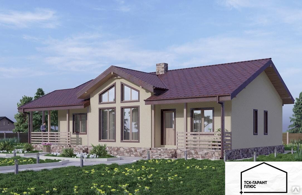 Одноэтажный дом с тремя спальнями, террасой и погребом, площадью 114.6 ...