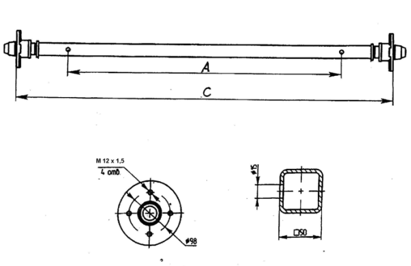 Ось АЛКО (ALKO) для прицепа рессорная 1300 кг, Размер L трубы до 1500, 139,7х5, М12х1,5