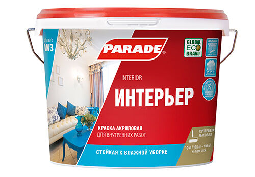 Влагопрочная краска для стен и потолков на акриловой основе PARADE CLASSIC Интерьер/10л