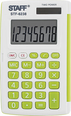 Калькулятор карманный Staff STF-6238 (104х63мм) 8 раз. дв.питание БЕЛЫЙ С ЗЕЛЁНЫМИ КНОПКАМИ блистер