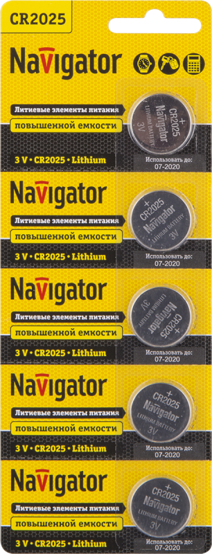 Элемент питания литиевый CR2025 94 764 NBT-CR2025-BP5 (блист.5шт) Navigator 94764 NAVIGATOR