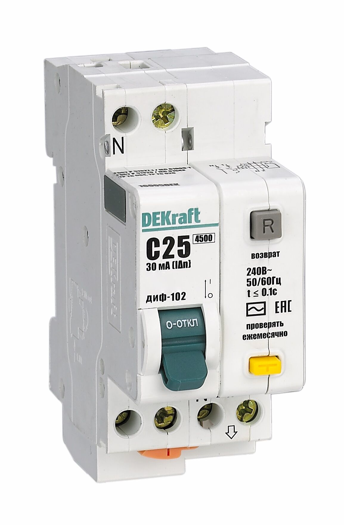 Выключатель автоматический дифференциального тока ДИФ-102 1P+N 32A 30mA С 4.5кА AC DEKraft
