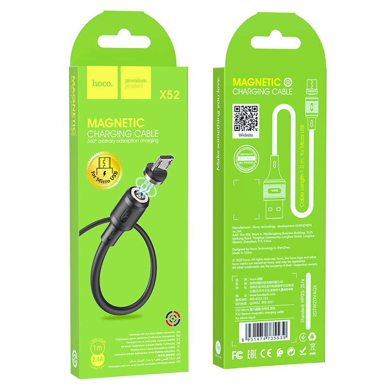 USB кабель для зарядки micro USB "Hoco" X52 (резиновый, магнитный , поворотный) 2.4A, 1м, чёрный 2