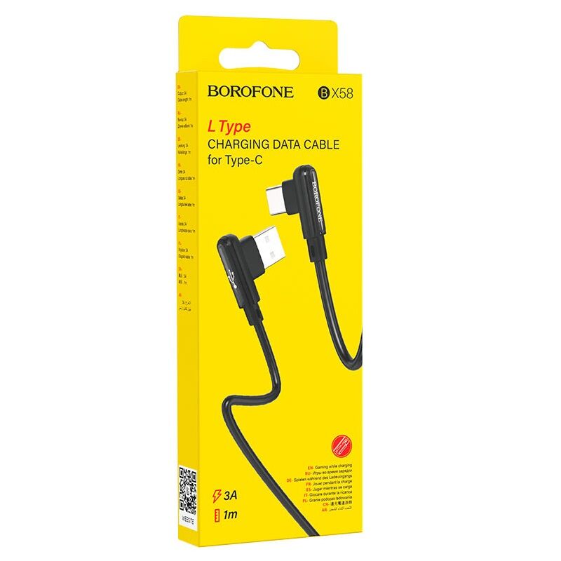 USB кабель шт.USB (A) - шт.Type-C 1м, 3A, угловой, черный, BX58 Lucky "Borofone" 1