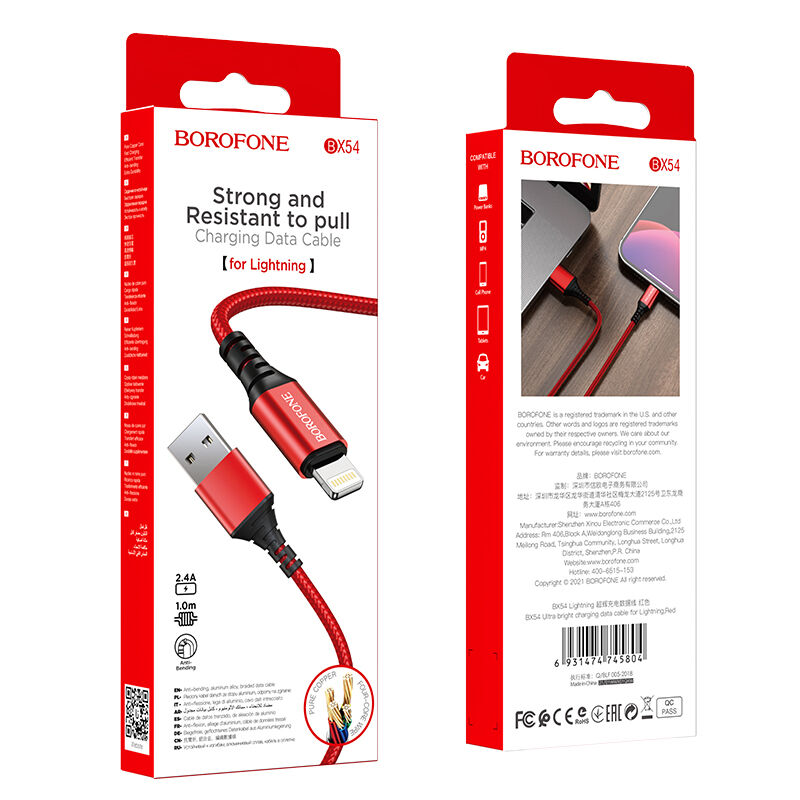 USB кабель шт.USB (A) - шт.Lightning 1,0м, 2,4A тканевый, красный BX54 "Borofone"