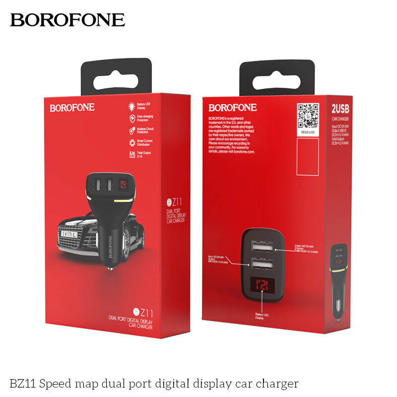 Автомобильный адаптер 2гн. (2гн.USB 5В, 2,1A), дисплей, чёрный BZ11 "Borofone" 1