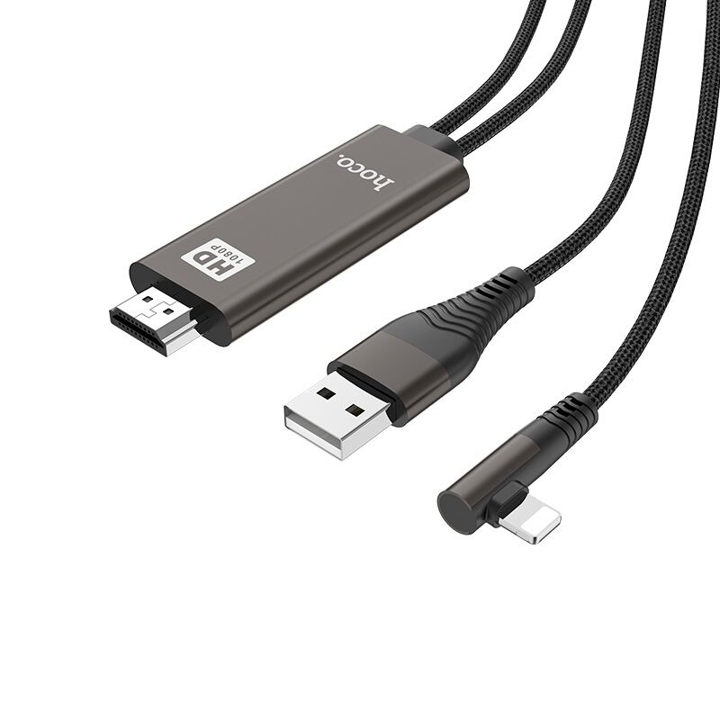 Шнур шт.HDMI - шт.Lightning (iPhone 5-11) 2,0м силиконовый, чёрный UA14 "Hoco" 2