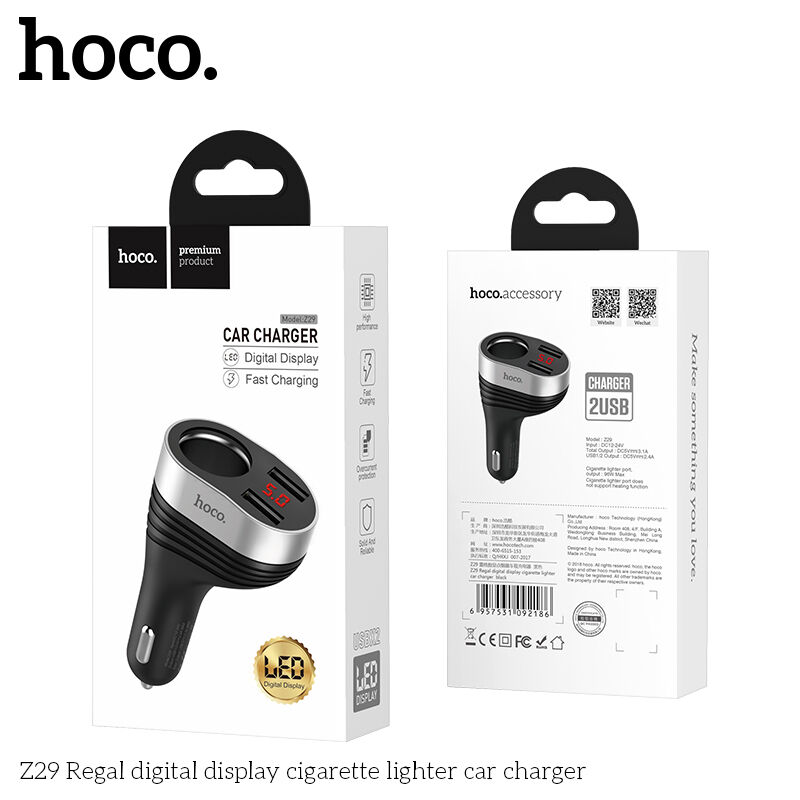 Автомобильный адаптер гн.автоприкуривателя +2гн.USB, 3,1A, дисплей "Hoco" Z29, черный 2