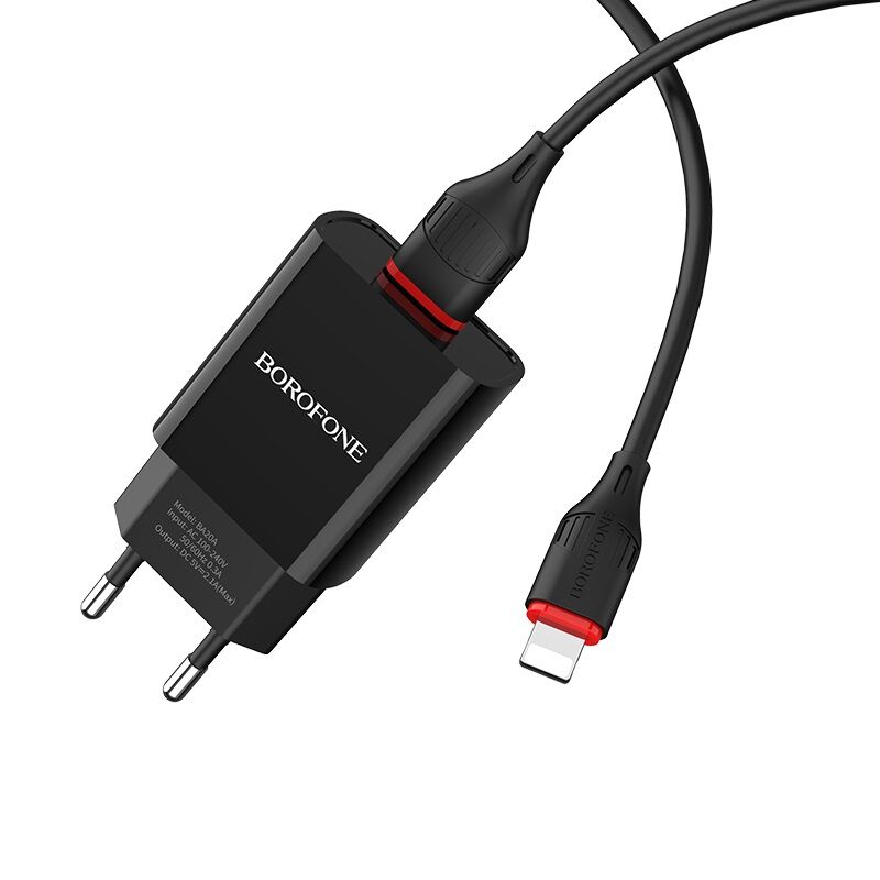 Адаптер постоянного тока BoroFone BA20A, 1гн.USB 5В, 2,1А с кабелем Lightning, чёрный 2