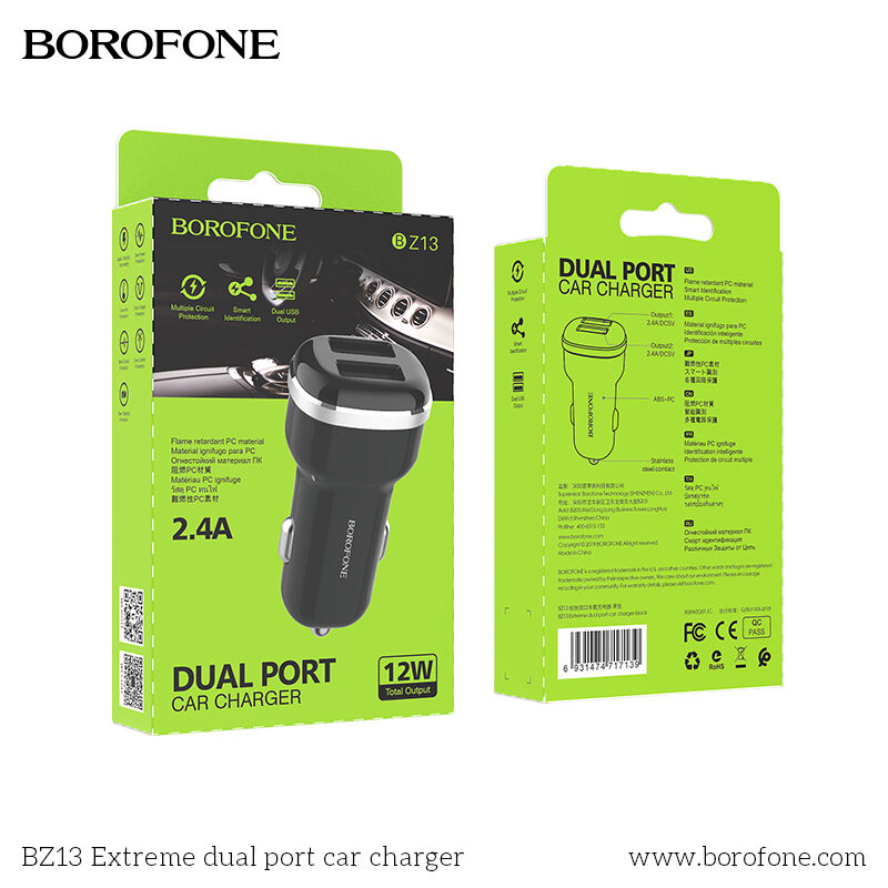 Автомобильный адаптер 2гн.USB 2,4A, черное BZ13 "Borofone"