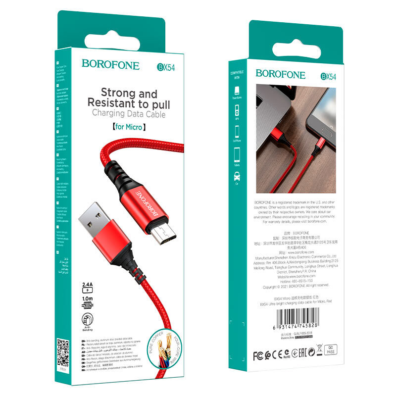 USB кабель для зарядки micro USB 1м, 2,4A тканевый, красный BX54 "Borofone" 1